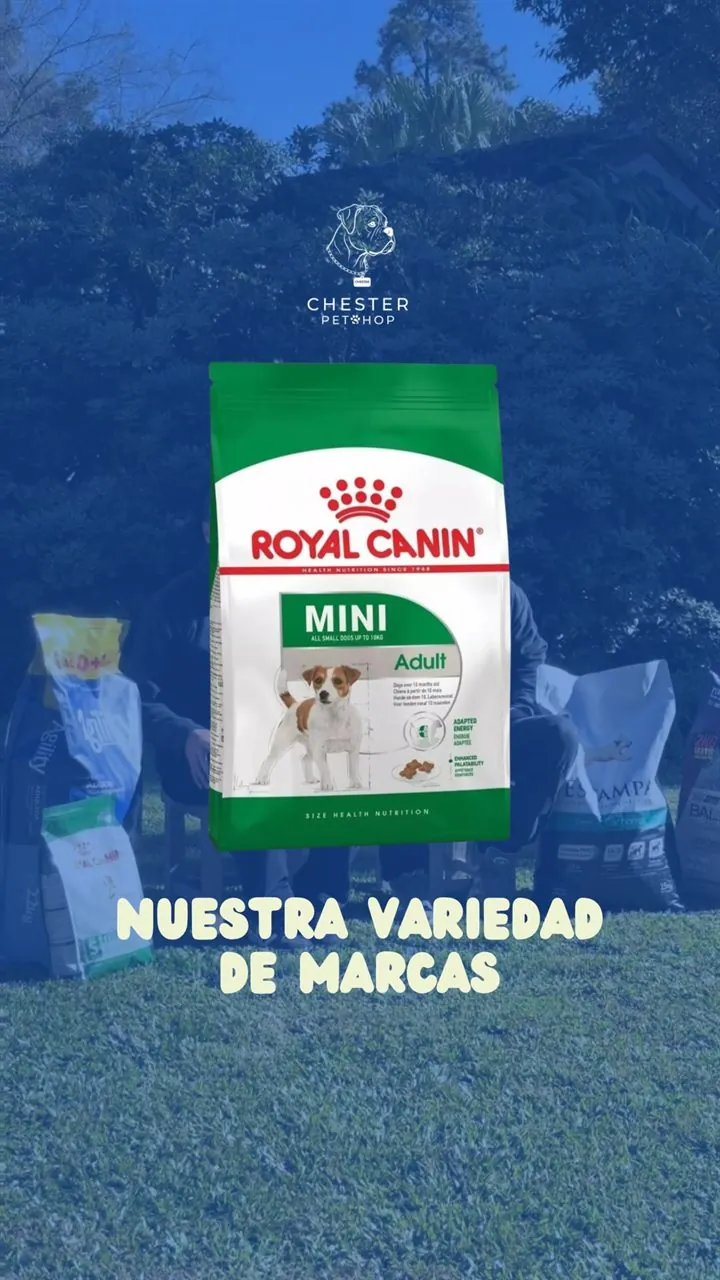Bolsa de Royal Canin Mini Adult con otras marcas de alimento detrás, sobre el pasto, con el texto Nuestra variedad de marcas